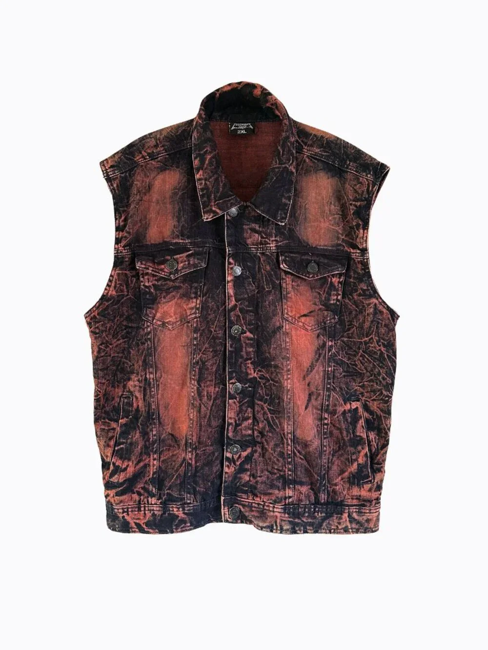 Legendary Status Denim Vest 2XL Black Red Acid Wash Distressed Biker Battle Vest